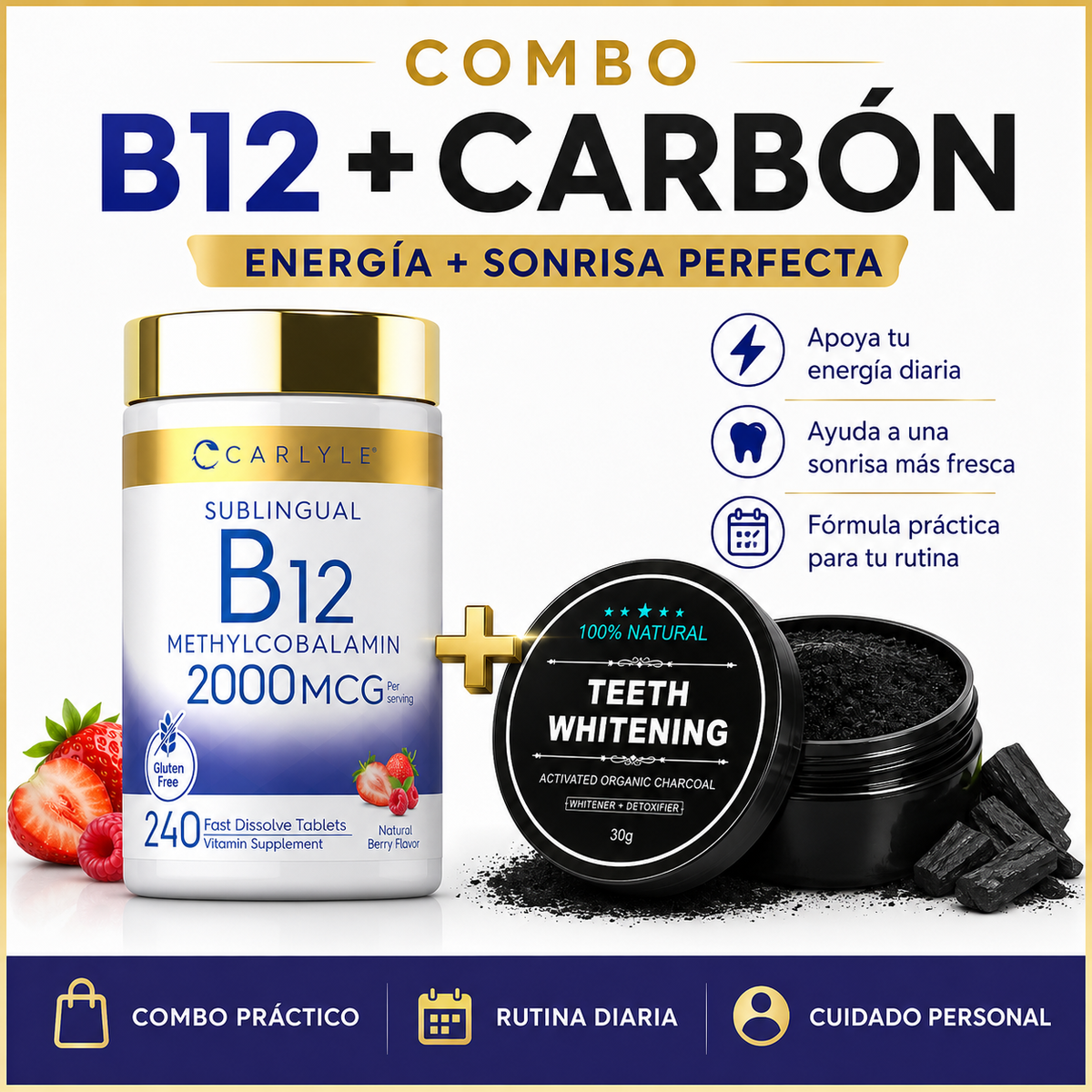 Vitamina B12 Sublingual 2000mcg + Carbón Dental 30g Combo