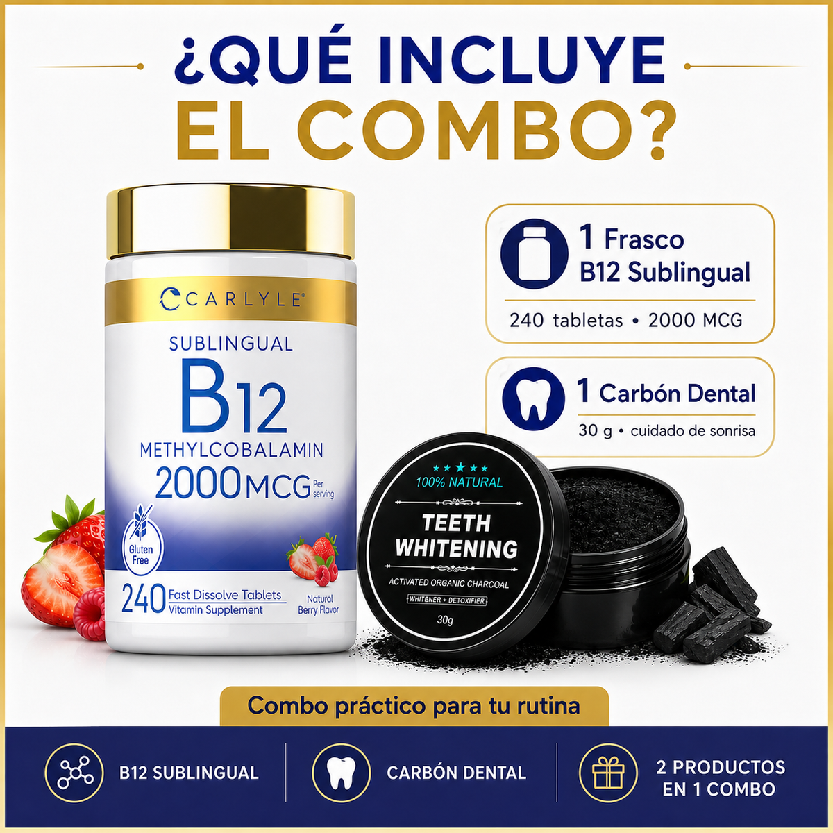 Vitamina B12 Sublingual 2000mcg + Carbón Dental 30g Combo