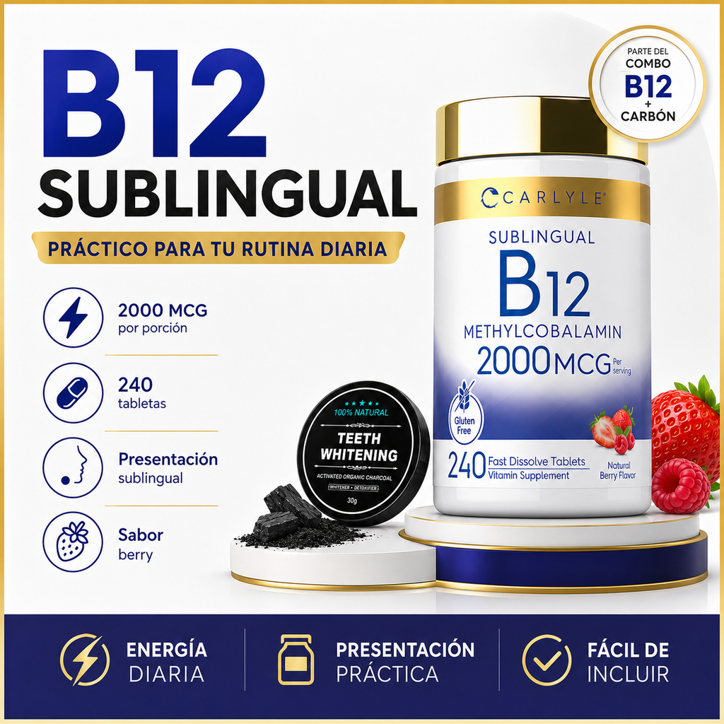 Vitamina B12 Sublingual 2000mcg + Carbón Dental 30g Combo