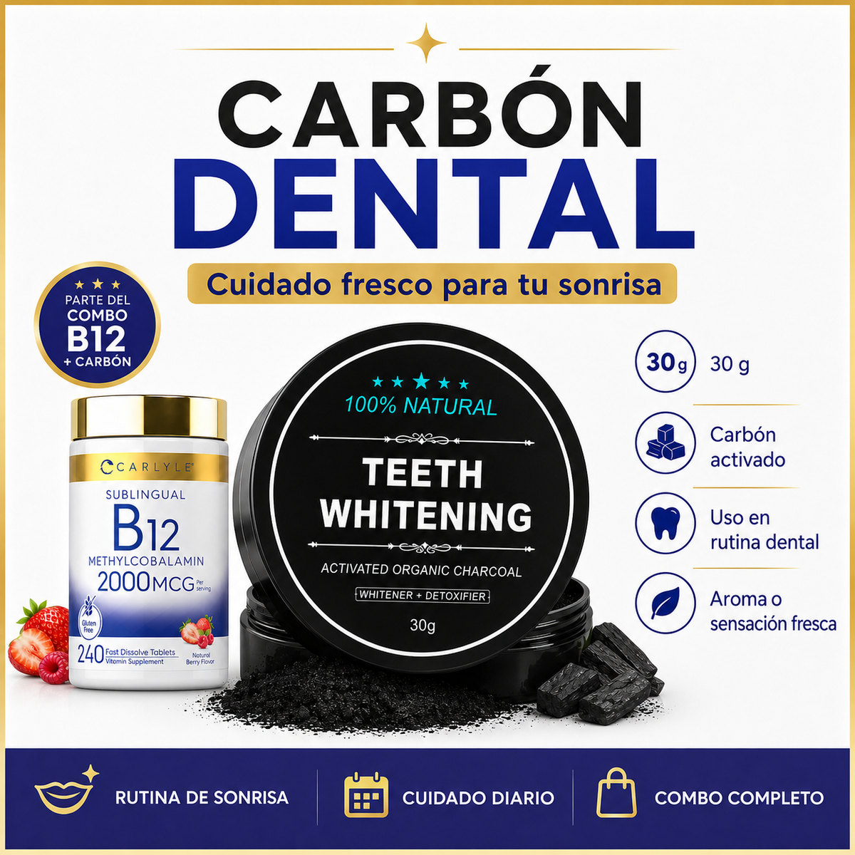 Vitamina B12 Sublingual 2000mcg + Carbón Dental 30g Combo