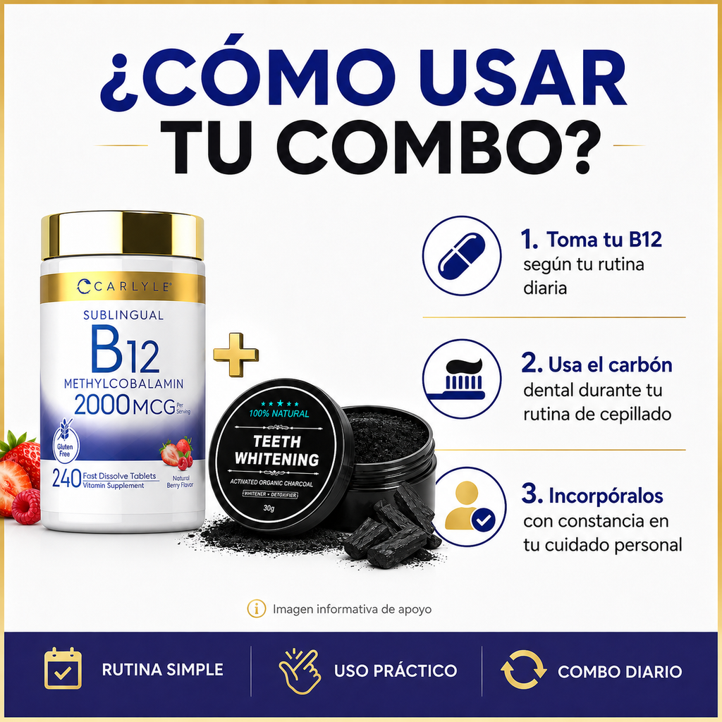 Vitamina B12 Sublingual 2000mcg + Carbón Dental 30g Combo